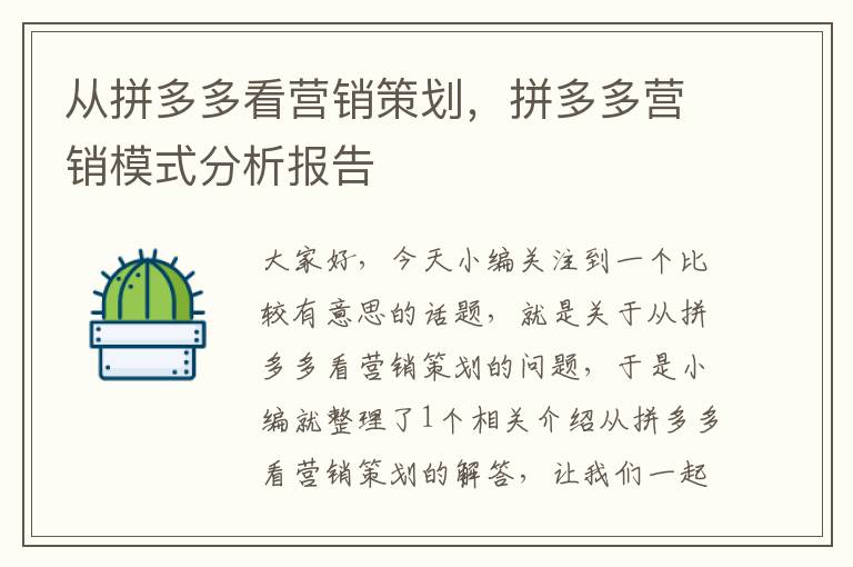 从拼多多看营销策划,拼多多营销模式分析报告