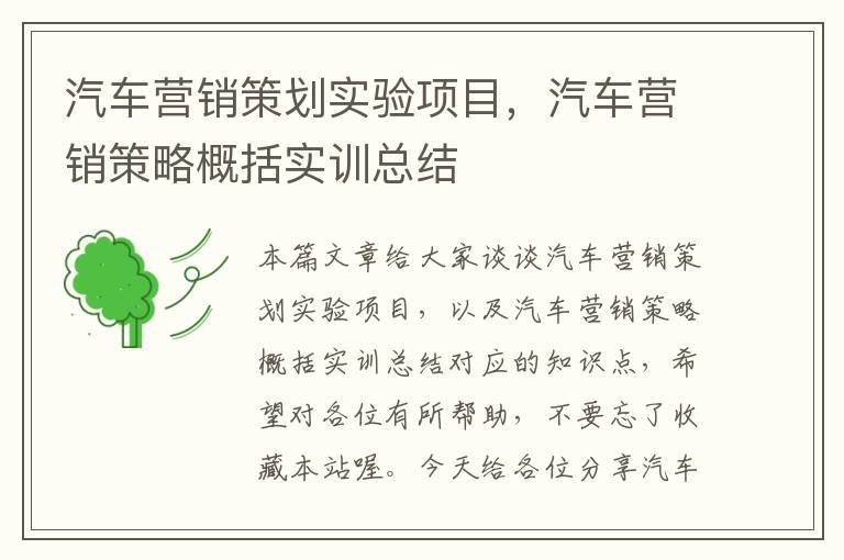 汽车营销策划实验项目,汽车营销策略概括实训总结