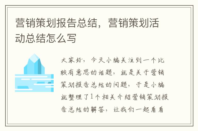 营销策划报告总结,营销策划活动总结怎么写