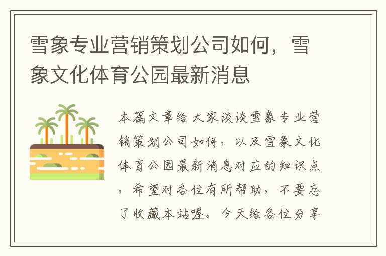雪象专业营销策划公司如何,雪象文化体育公园最新消息